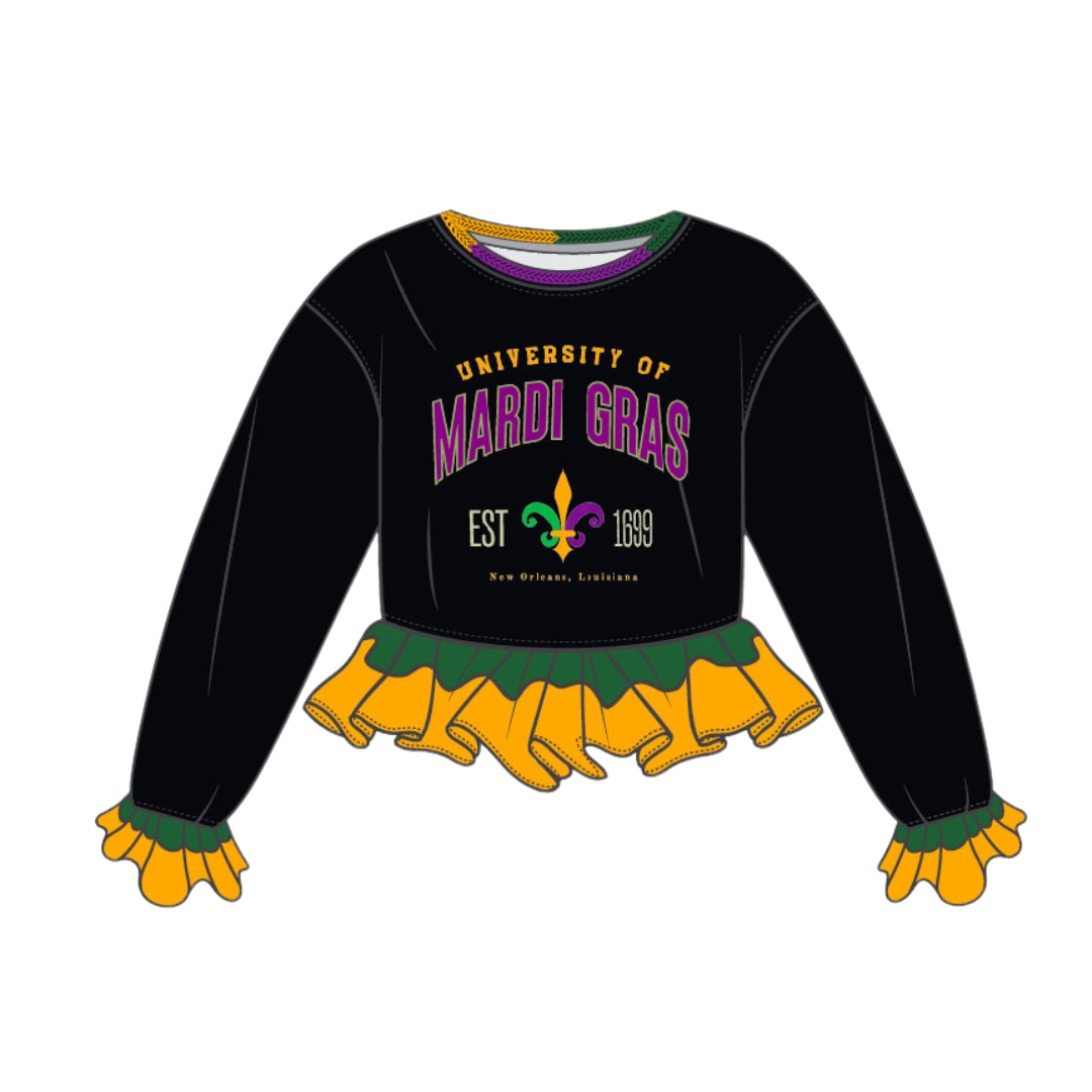 Mardi Gras Crochet Crop Sweatshirt - Black